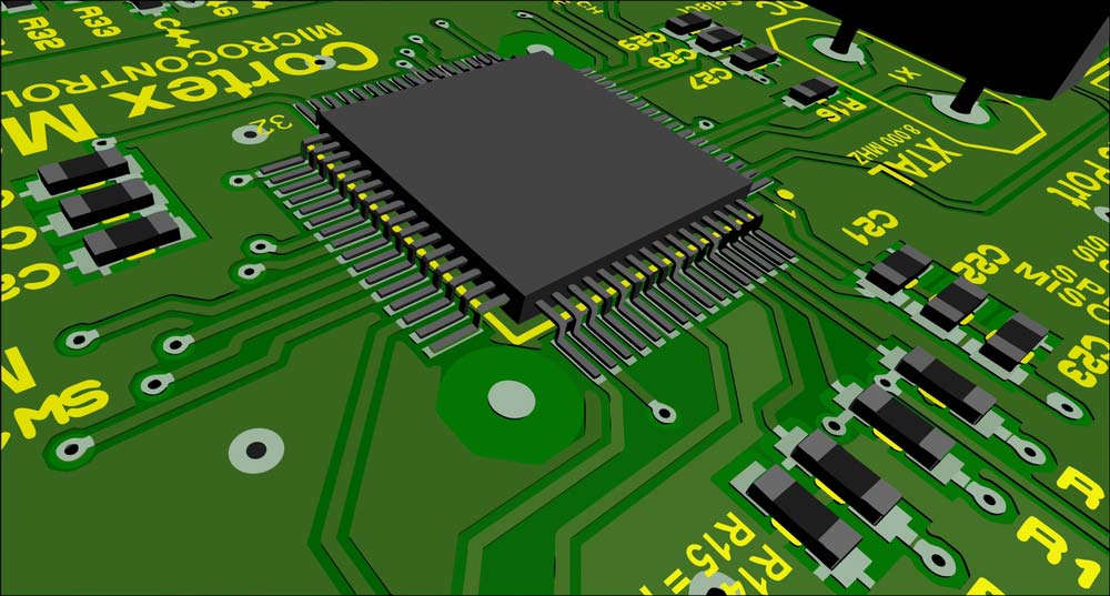 A circuit board layout after component placement