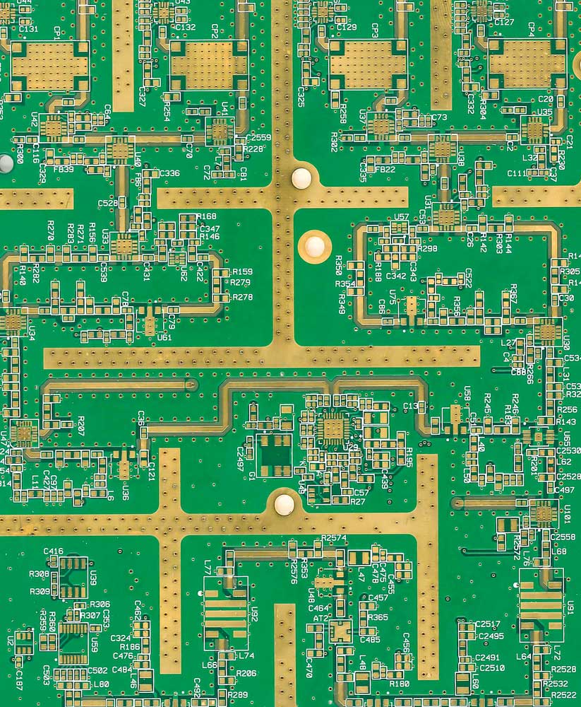 A PCB with a gold surface finish (ENIG)