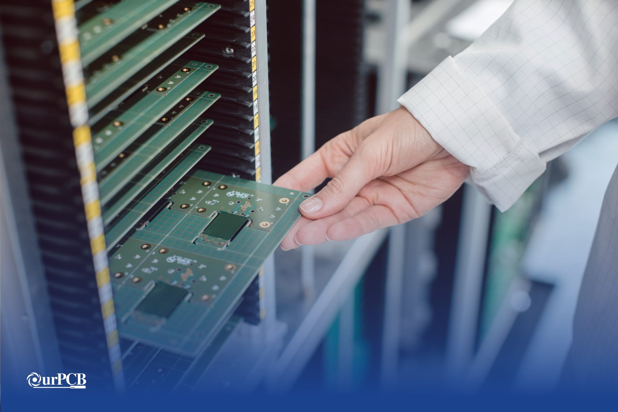 Person handling a printed circuit board (PCB) from a storage rack