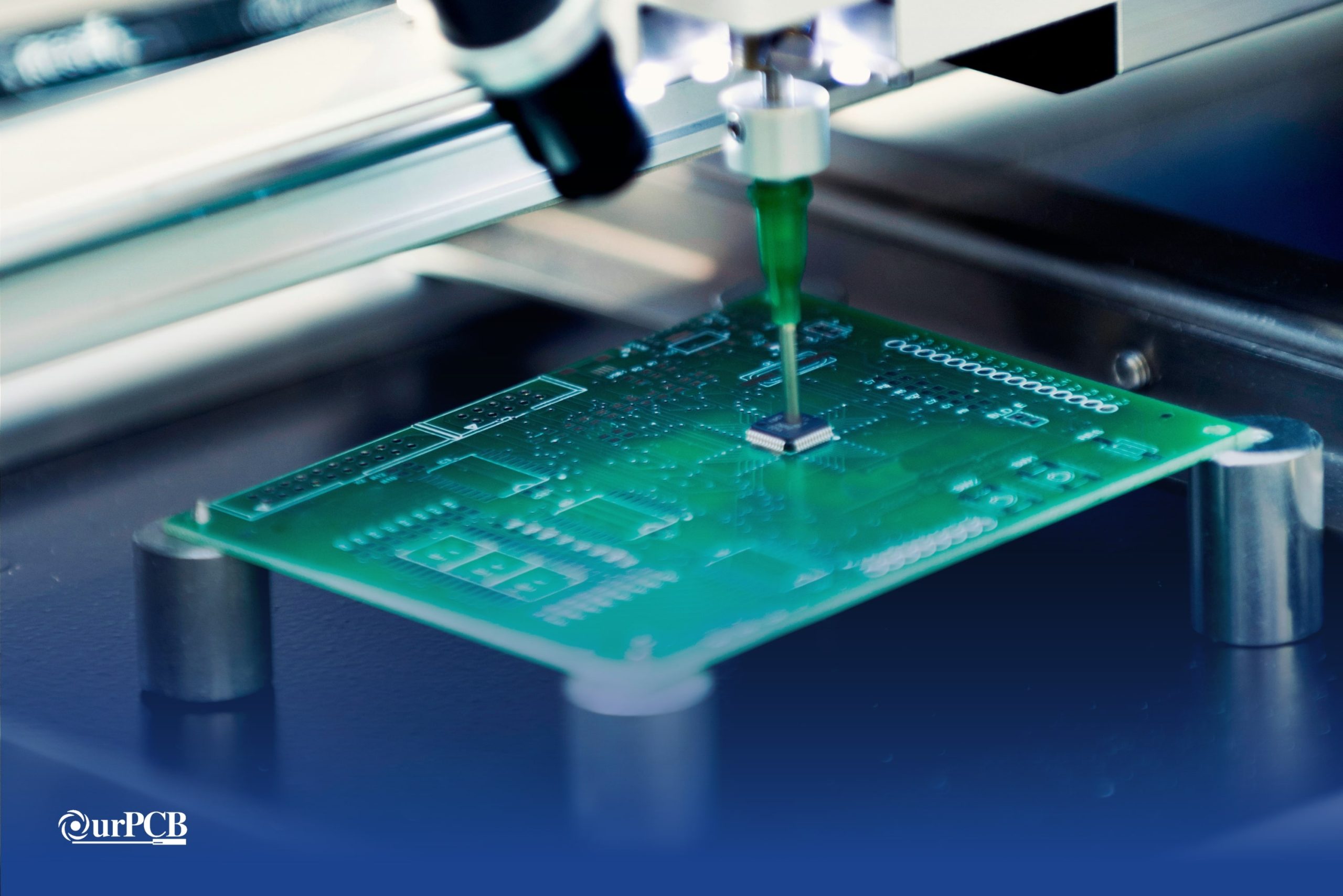 Close-up of automated equipment placing a component on a printed circuit board (PCB), showcasing precision in PCB manufacturing and assembly