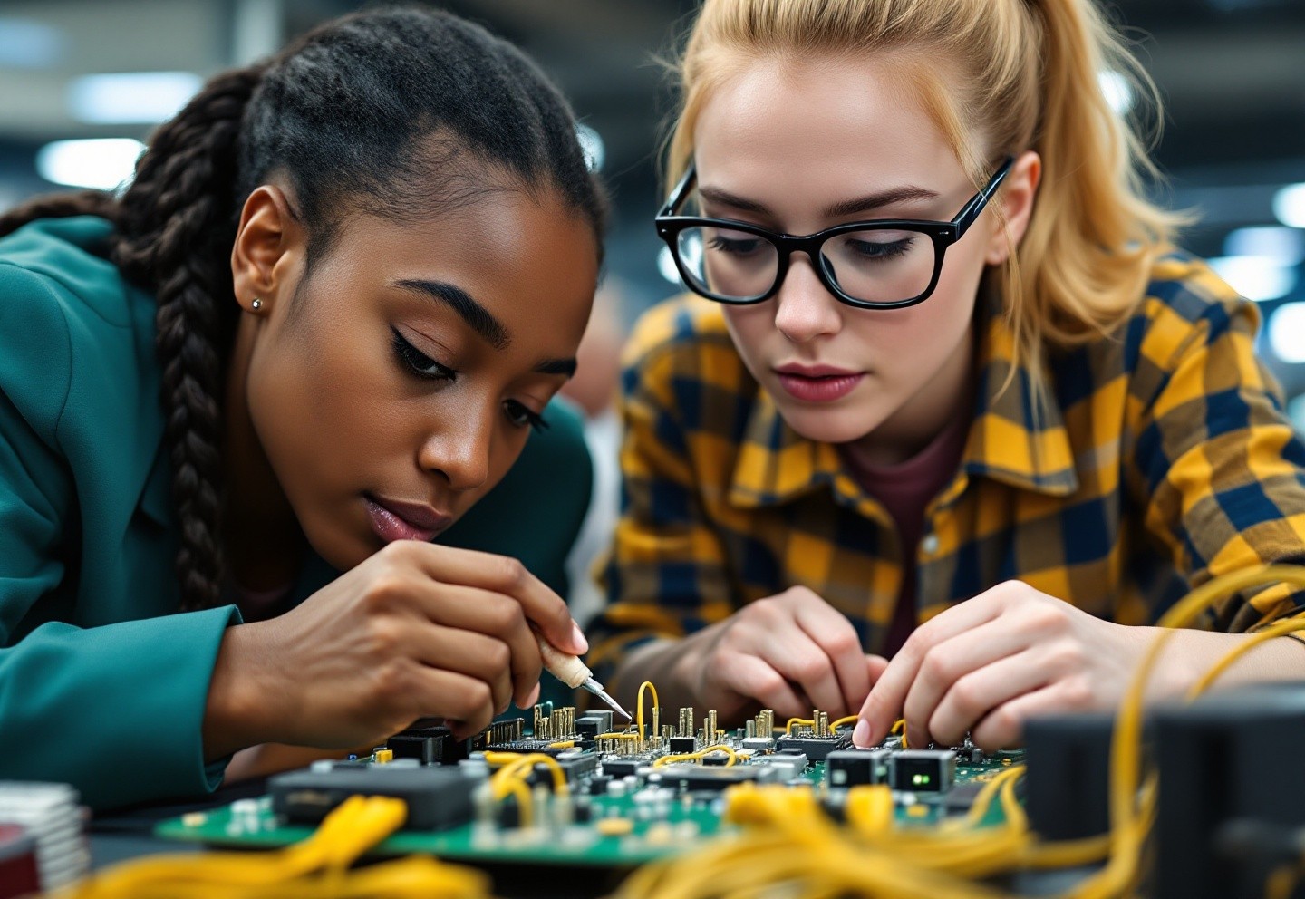 two students working on circuit board